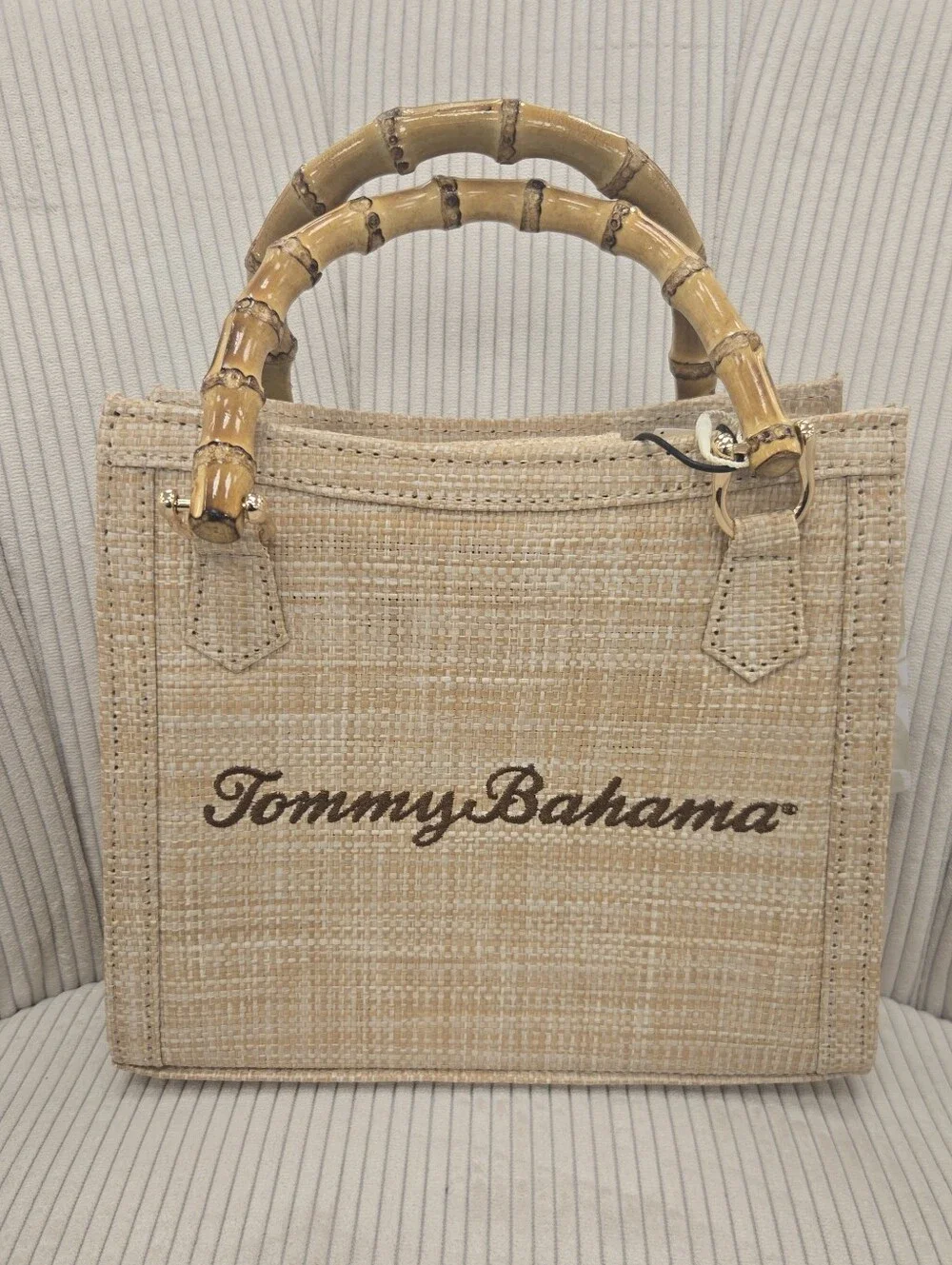 Tommy Bahama Natural Beige Tote with Bamboo Handles